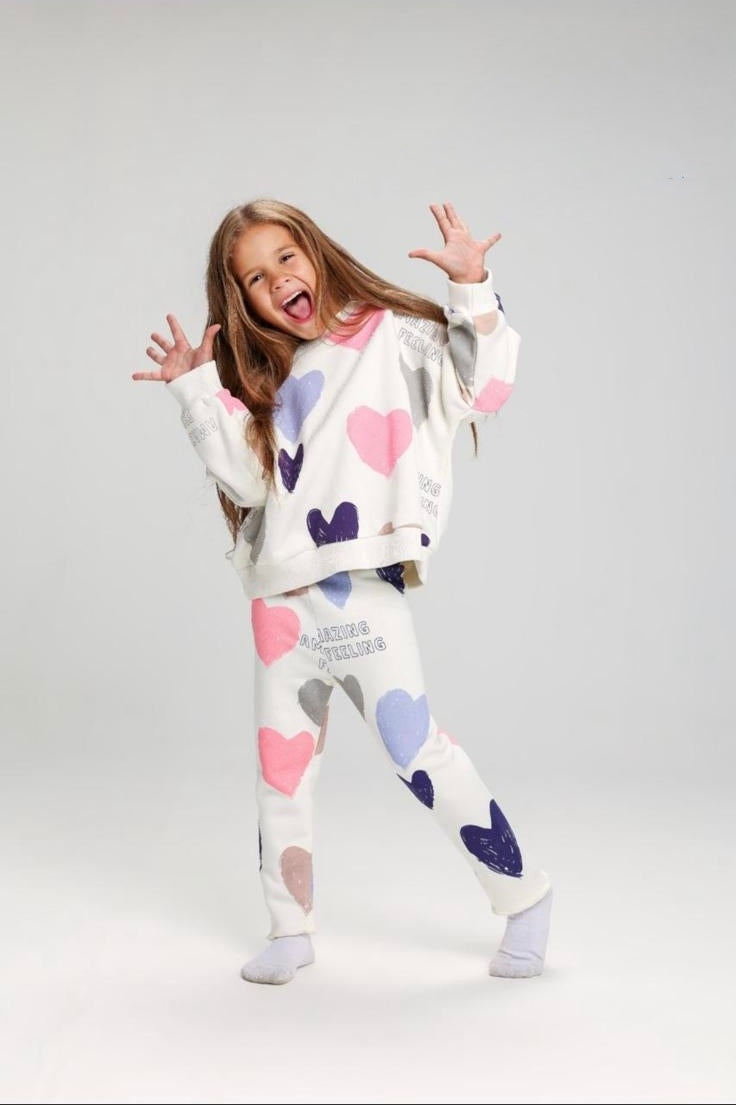 Girls Heart Print Pajama Set – Soft Cotton Lounge Wear, 2-Piece Kids Sleepwear in White