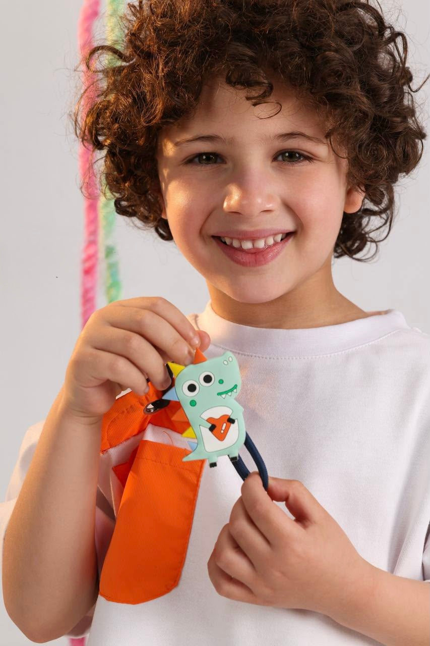 Kids Dinosaur Summer Outfit Set – White Graphic T-Shirt with Utility Pocket & Orange Shorts