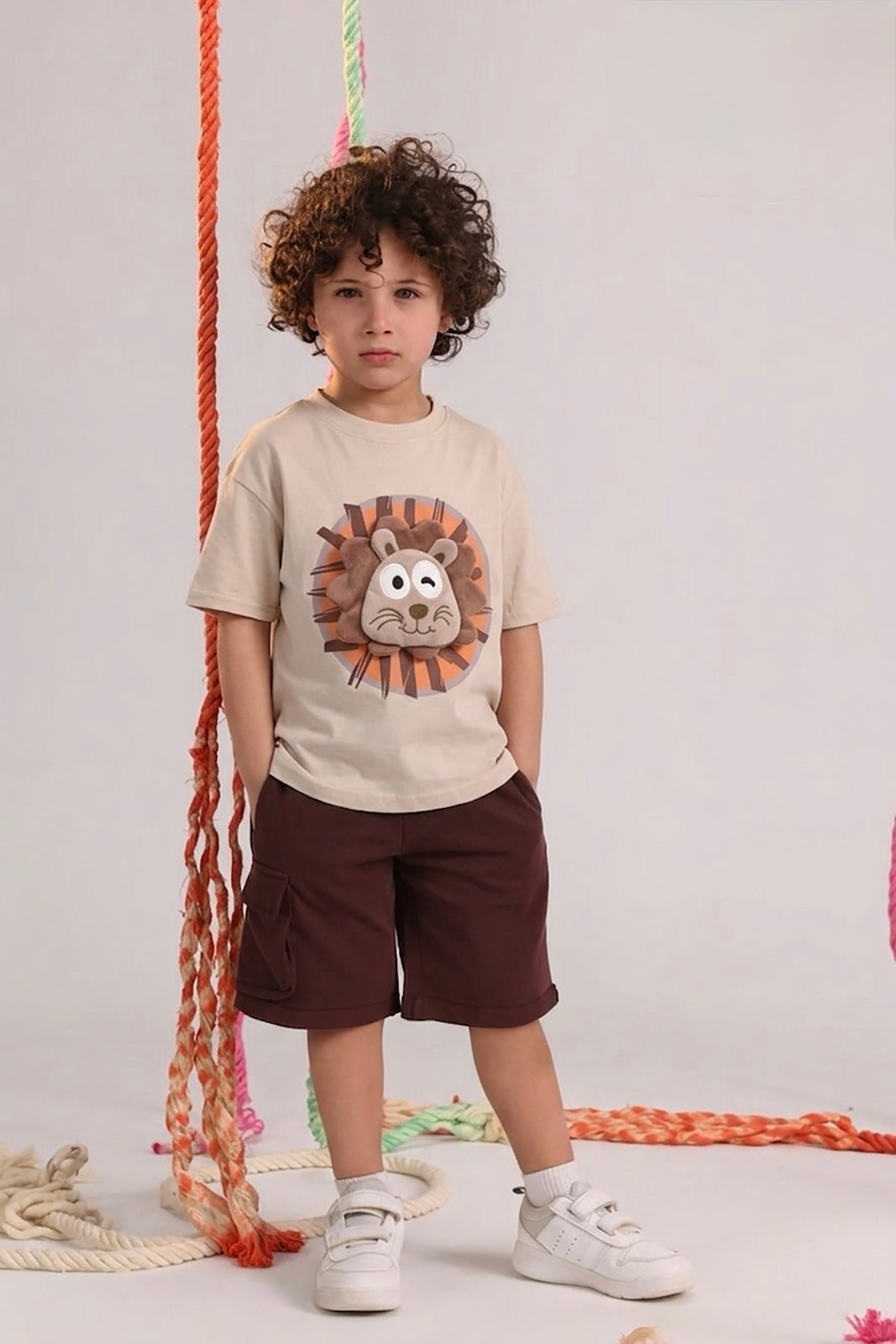 Bubbles Bring Bliss Kids Lion Graphic T-Shirt & Cargo Shorts Set – Beige/Brown | Size 2–4