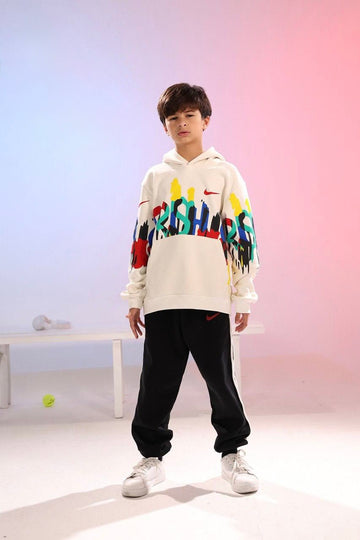 Boys Printed Hoodie & Jogger Pants Set – White Graffiti Streetwear Outfit