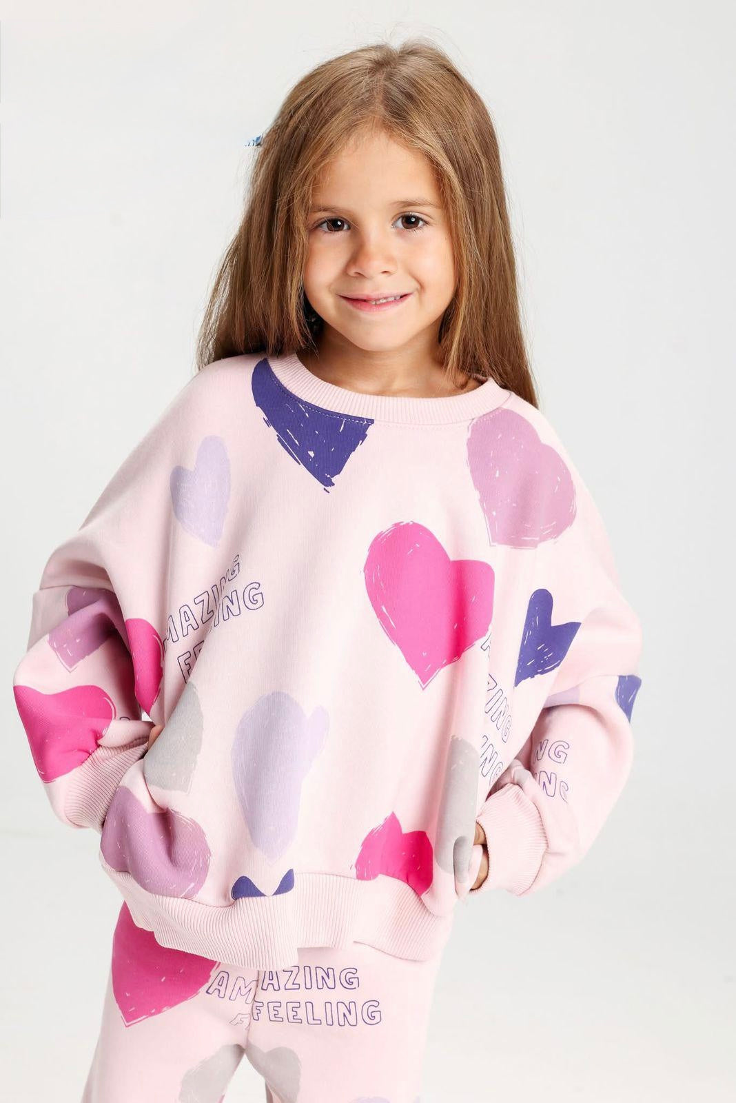 Girls Heart Print Pajama Set – Soft Cotton Lounge Wear, 2-Piece Kids Sleepwear