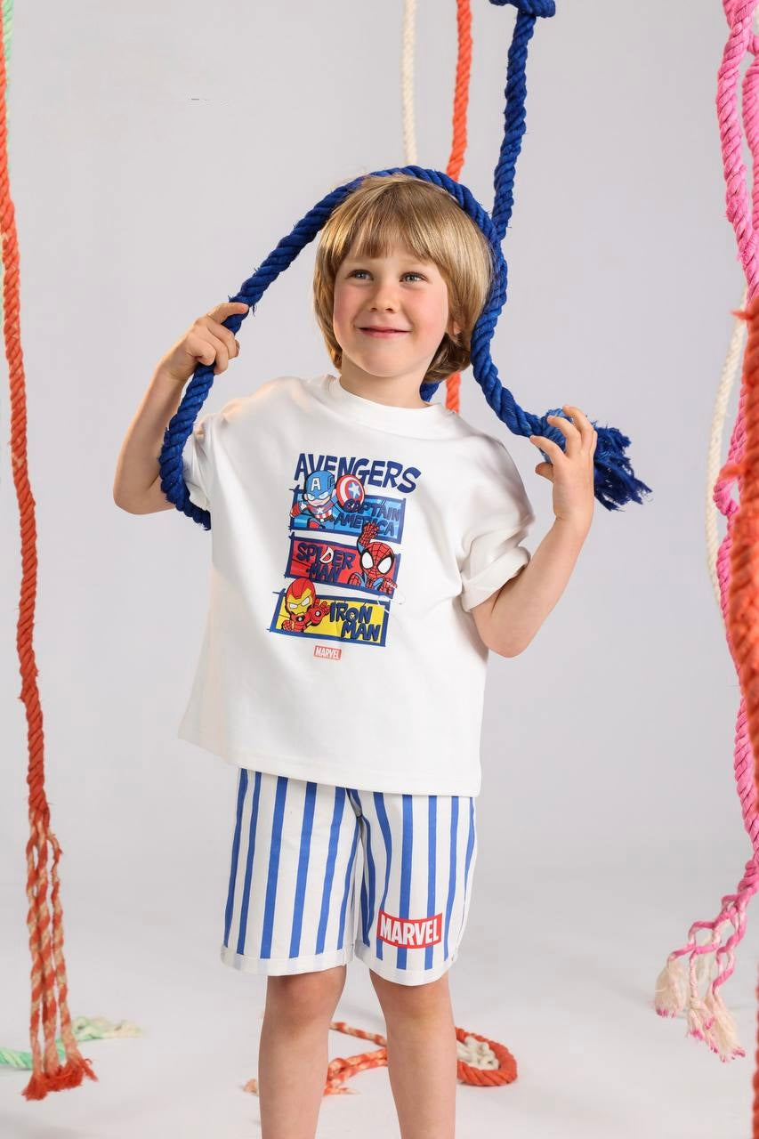 Kids Avengers Summer Outfit Set – White Graphic T-Shirt & Striped Shorts for Boys