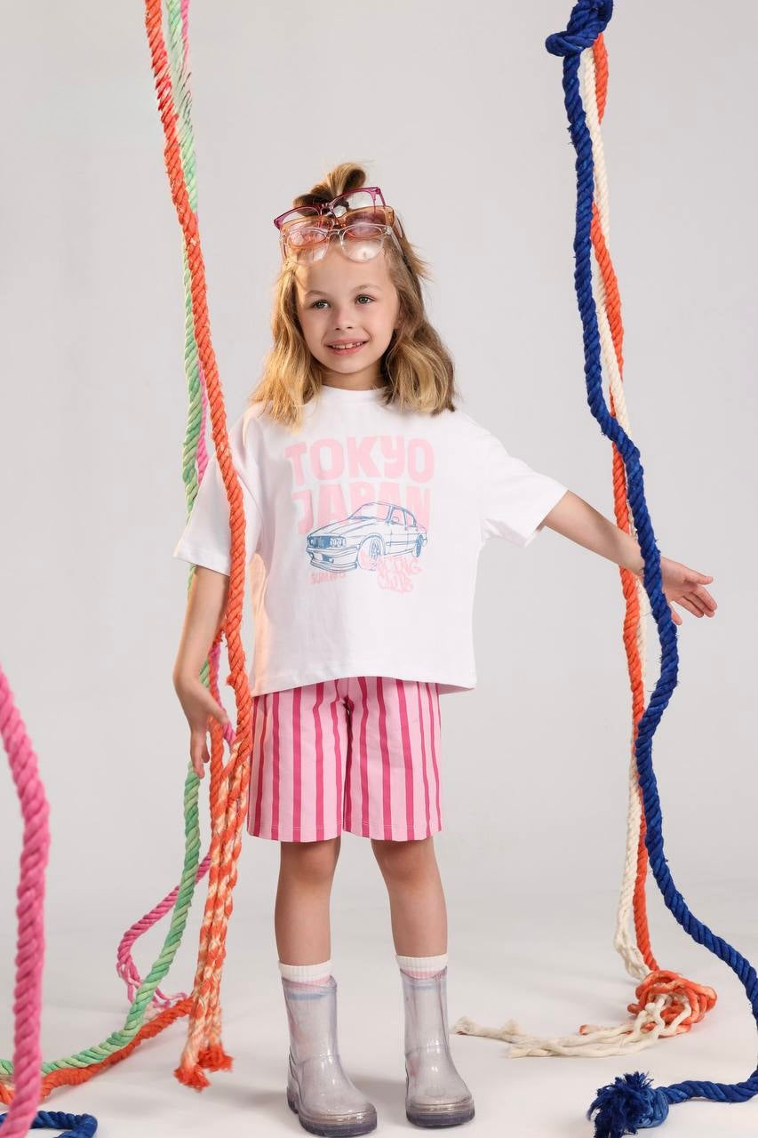 Girls Tokyo Graphic T-Shirt & Pink Striped Shorts Set – Casual Summer Outfit