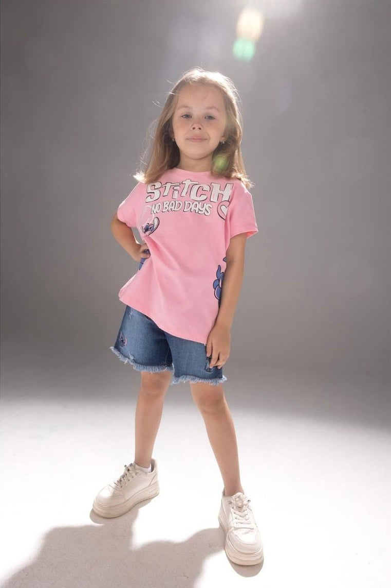 Girls Butterfly Graphic T-Shirt & Denim Shorts Set – Pink Summer Outfit