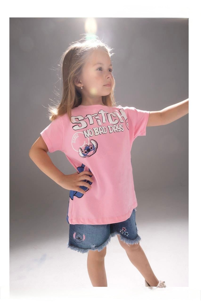Girls Butterfly Graphic T-Shirt & Denim Shorts Set – Pink Summer Outfit
