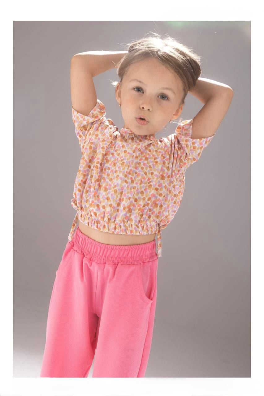 Girls Floral Crop Top & Pink Wide-Leg Pants Set – Stylish Kids Casual Outfit