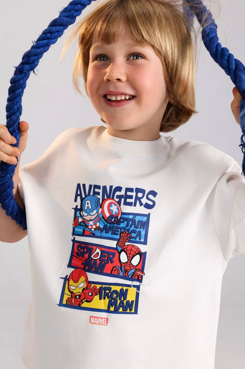 Kids Avengers Summer Outfit Set – White Graphic T-Shirt & Striped Shorts for Boys