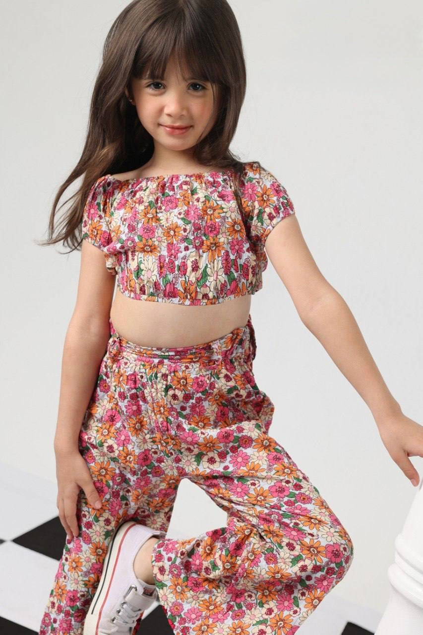 Girls Floral Crop Top & Wide-Leg Pants Set – Multicolor Summer Outfit