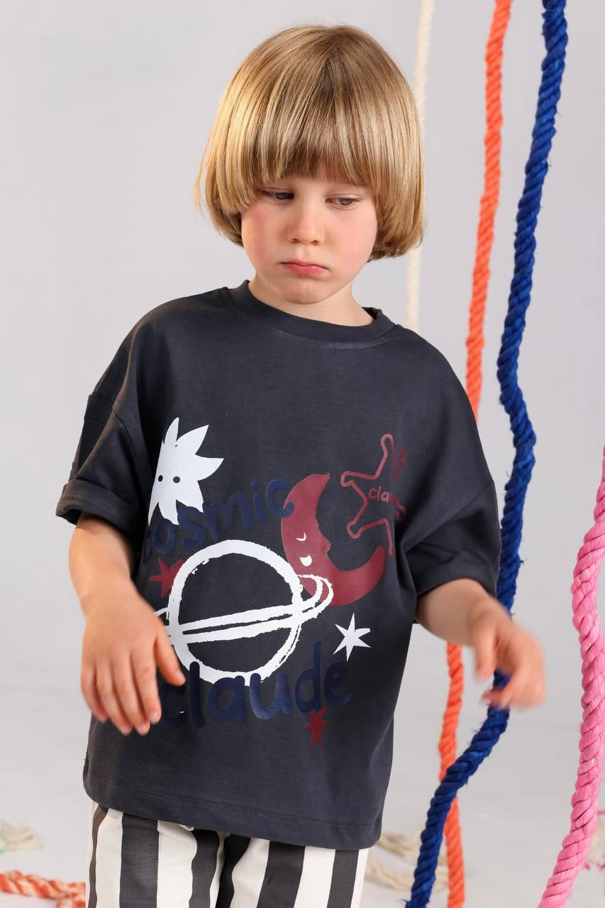 Boys Galaxy Summer Pajama Set – Navy Graphic T-Shirt & Striped Shorts