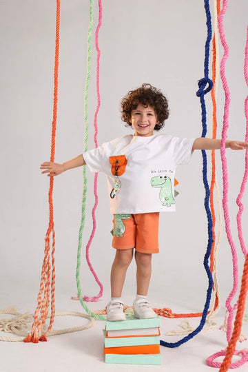 Kids Dinosaur Summer Outfit Set – White Graphic T-Shirt with Utility Pocket & Orange Shorts