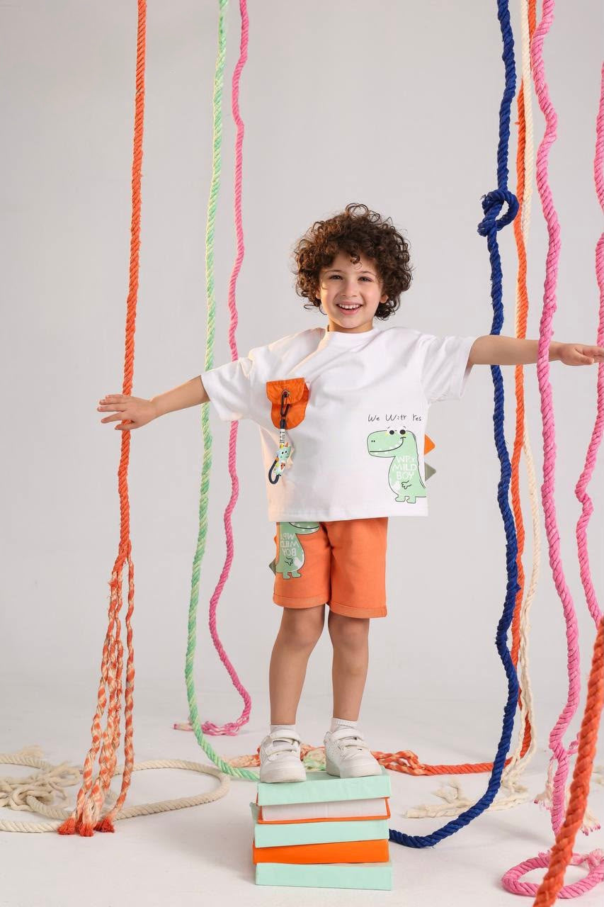 Kids Dinosaur Summer Outfit Set – White Graphic T-Shirt with Utility Pocket & Orange Shorts