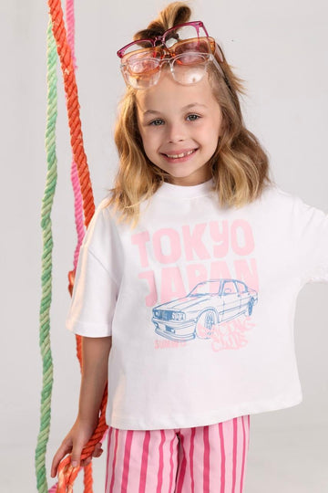 Girls Tokyo Graphic T-Shirt & Pink Striped Shorts Set – Casual Summer Outfit