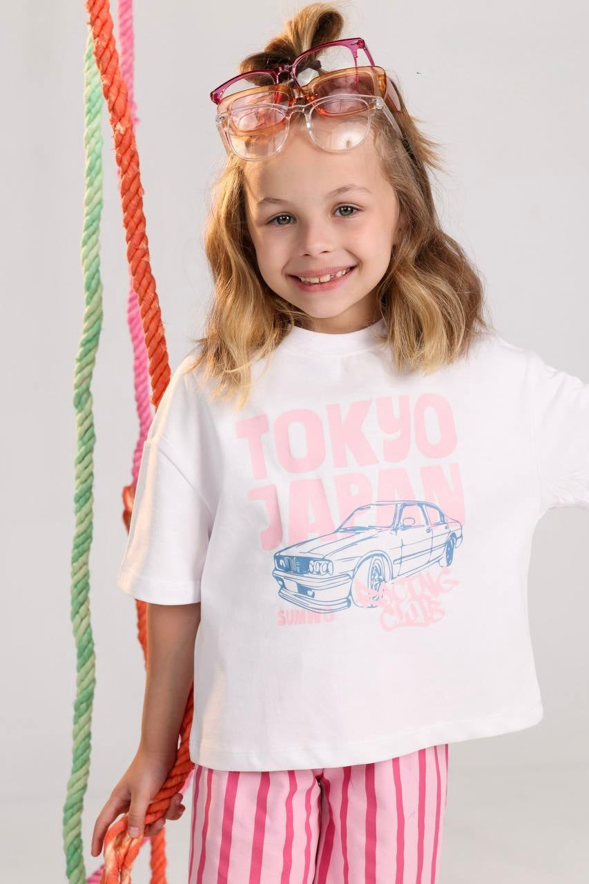Girls Tokyo Graphic T-Shirt & Pink Striped Shorts Set – Casual Summer Outfit