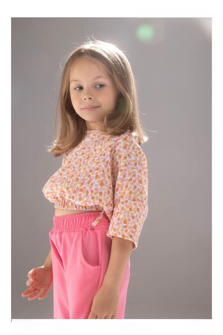 Girls Floral Crop Top & Pink Wide-Leg Pants Set – Stylish Kids Casual Outfit