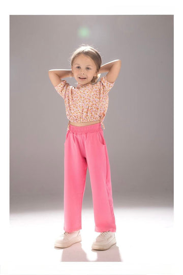 Girls Floral Crop Top & Pink Wide-Leg Pants Set – Stylish Kids Casual Outfit