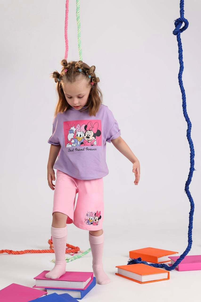 Girls Minnie & Daisy Printed T-Shirt & Shorts Set – Lilac & Pink Summer Outfit