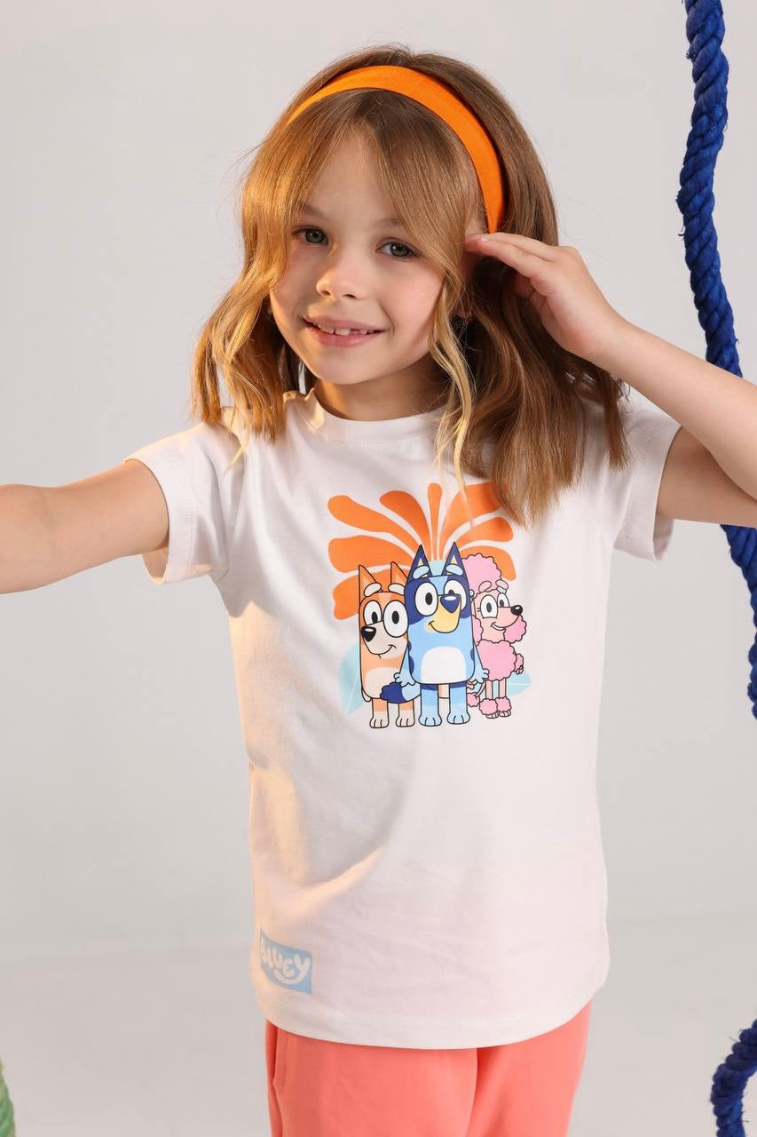 Girls Bluey Printed White T-Shirt – Cute Cartoon Graphic Tee (Ages 2–10)