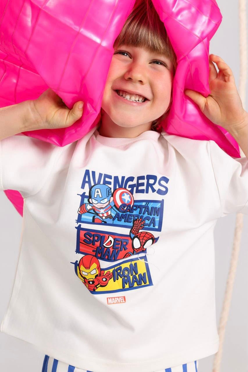 Kids Avengers Summer Outfit Set – White Graphic T-Shirt & Striped Shorts for Boys