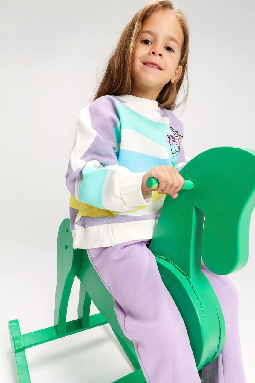 Girls Pastel Rainbow Sweatshirt & Lilac Pants Set – Soft Kids Lounge Outfit