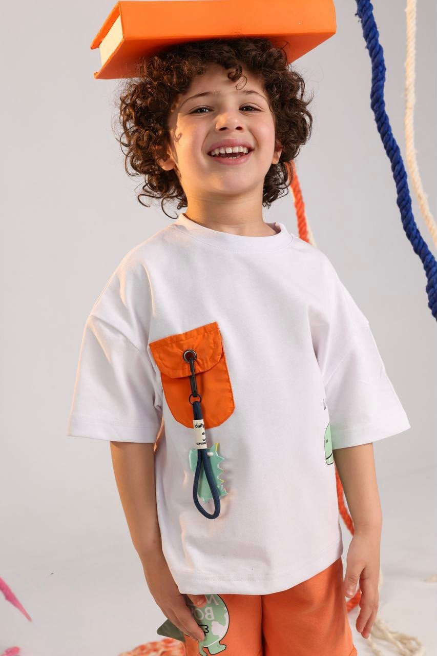 Kids Dinosaur Summer Outfit Set – White Graphic T-Shirt with Utility Pocket & Orange Shorts