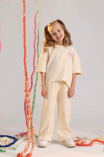 Girls Soft Knit Lounge Set – Short Sleeve Top & Wide-Leg Pants in Creamy Color (Ages 10–16)