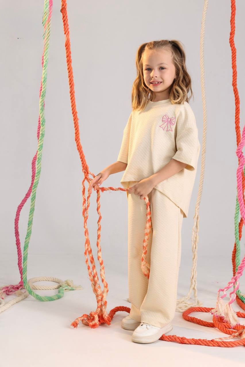 Girls Soft Knit Lounge Set – Short Sleeve Top & Wide-Leg Pants in Creamy Color (Ages 10–16)