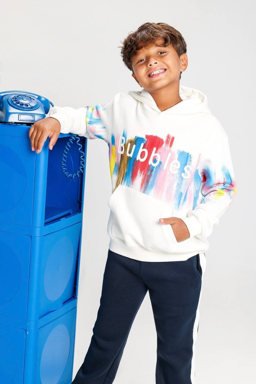 Boys Printed Hoodie & Jogger Pants Set – White Multicolor Casual Outfit Size