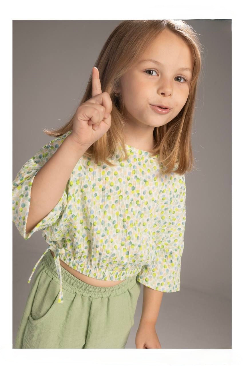 Girls Mint Green Floral Crop Top & Wide Leg Pants Set – Elegant Casual Outfit for Kids