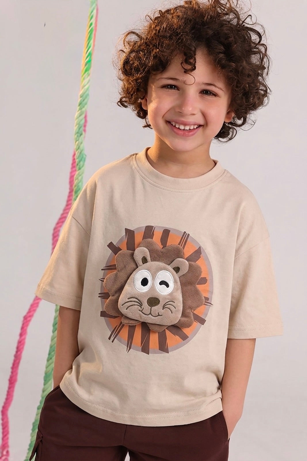 Bubbles Bring Bliss Kids Lion Graphic T-Shirt & Cargo Shorts Set – Beige/Brown | Size 2–4