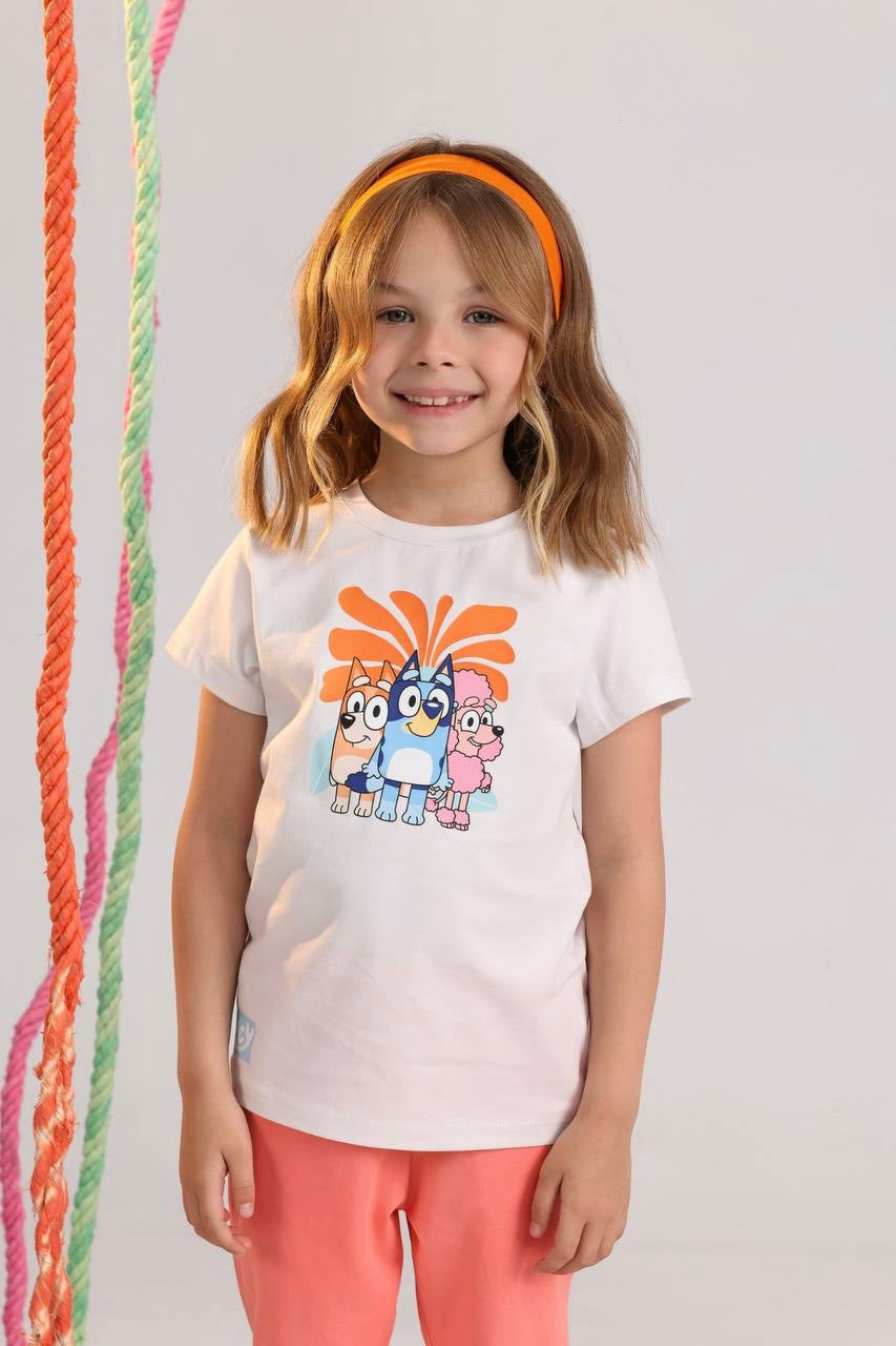 Girls Bluey Printed White T-Shirt – Cute Cartoon Graphic Tee (Ages 2–10)