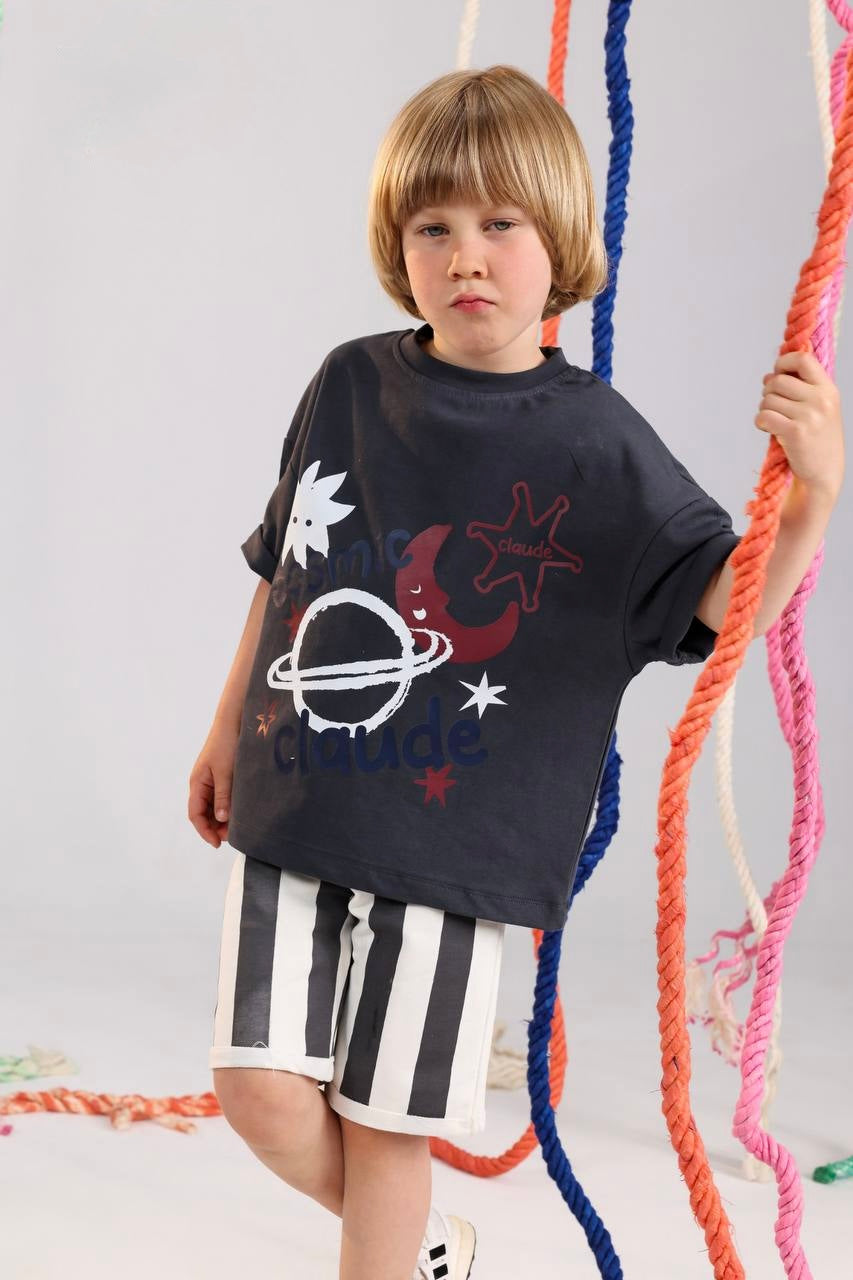 Boys Galaxy Summer Pajama Set – Navy Graphic T-Shirt & Striped Shorts