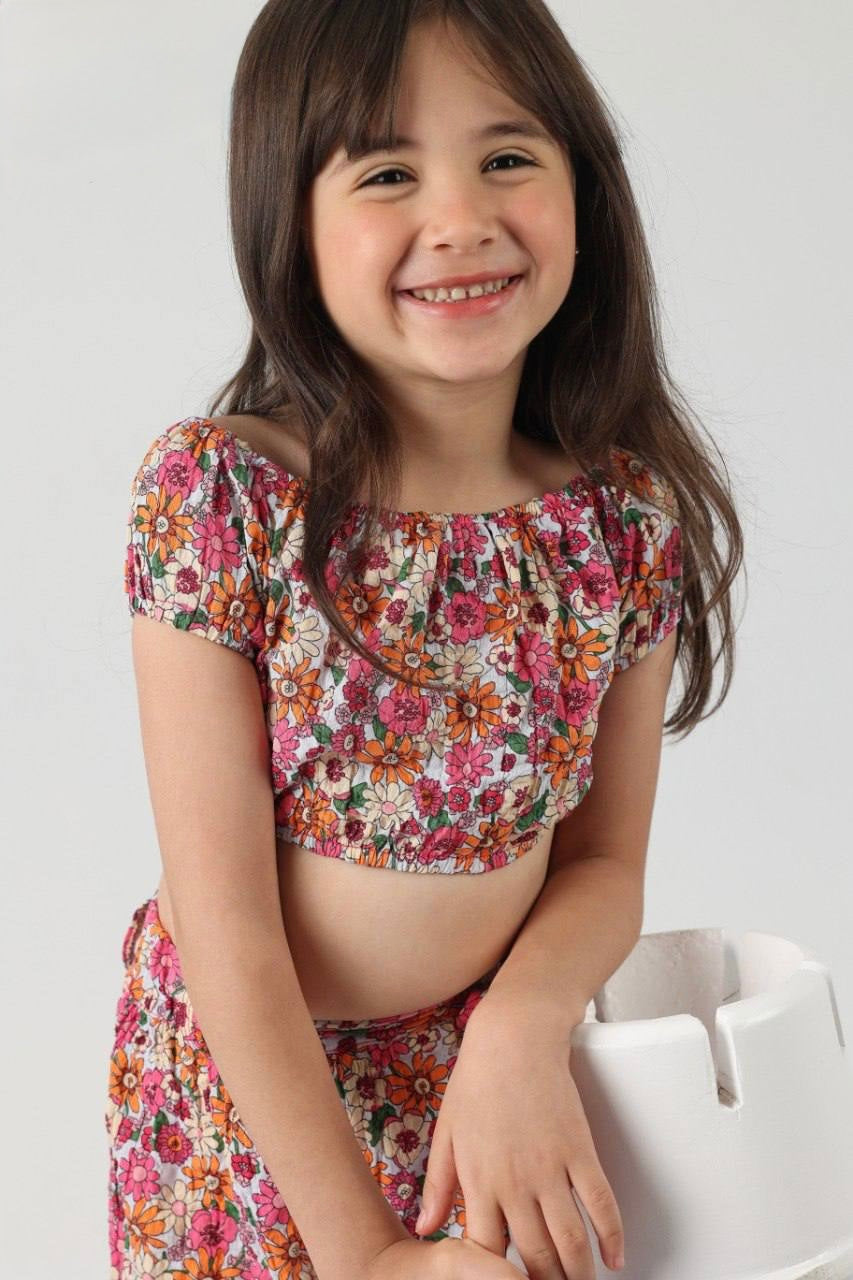 Girls Floral Crop Top & Wide-Leg Pants Set – Multicolor Summer Outfit