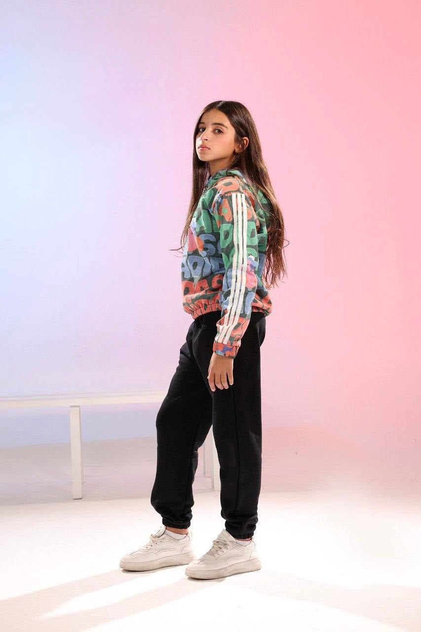 Girls Printed Hoodie & Jogger Pants Set – Multicolor Casual Sportswear Outfit