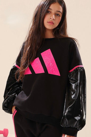 Girls Black Oversized Tracksuit Set – Glossy Sleeve Sweatshirt & Wide-Leg Pants with Pink Stripes