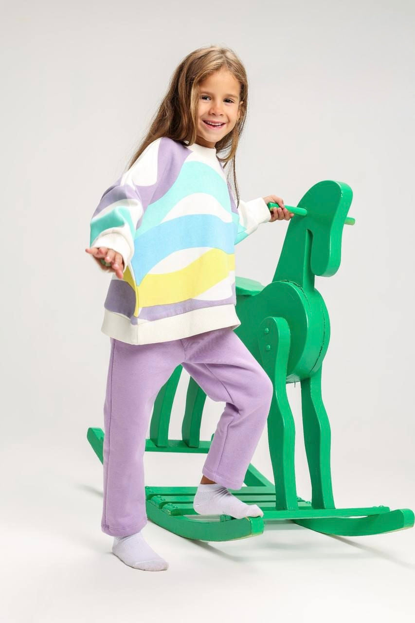 Girls Pastel Rainbow Sweatshirt & Lilac Pants Set – Soft Kids Lounge Outfit