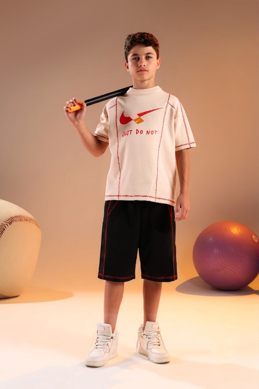 Kids Baseball Sports Set – Cream T-Shirt with Black Shorts