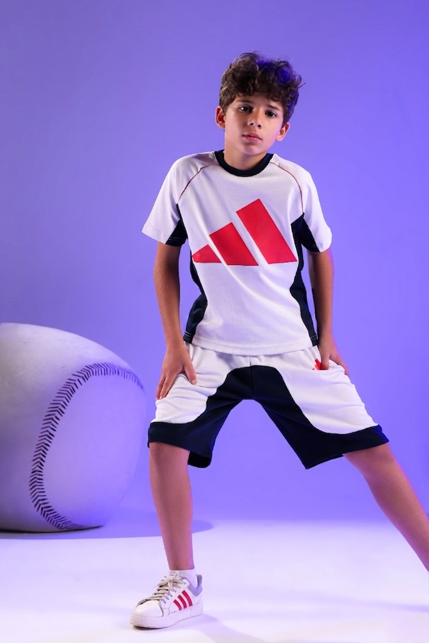 Boys White Performance T-Shirt & Color-Block Sports Shorts Set