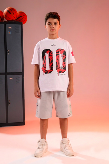 Boys White Graphic T-Shirt & Light Grey Cargo Shorts Set – 00 Edition
