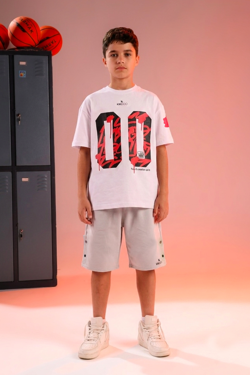 Boys White Graphic T-Shirt & Light Grey Cargo Shorts Set – 00 Edition