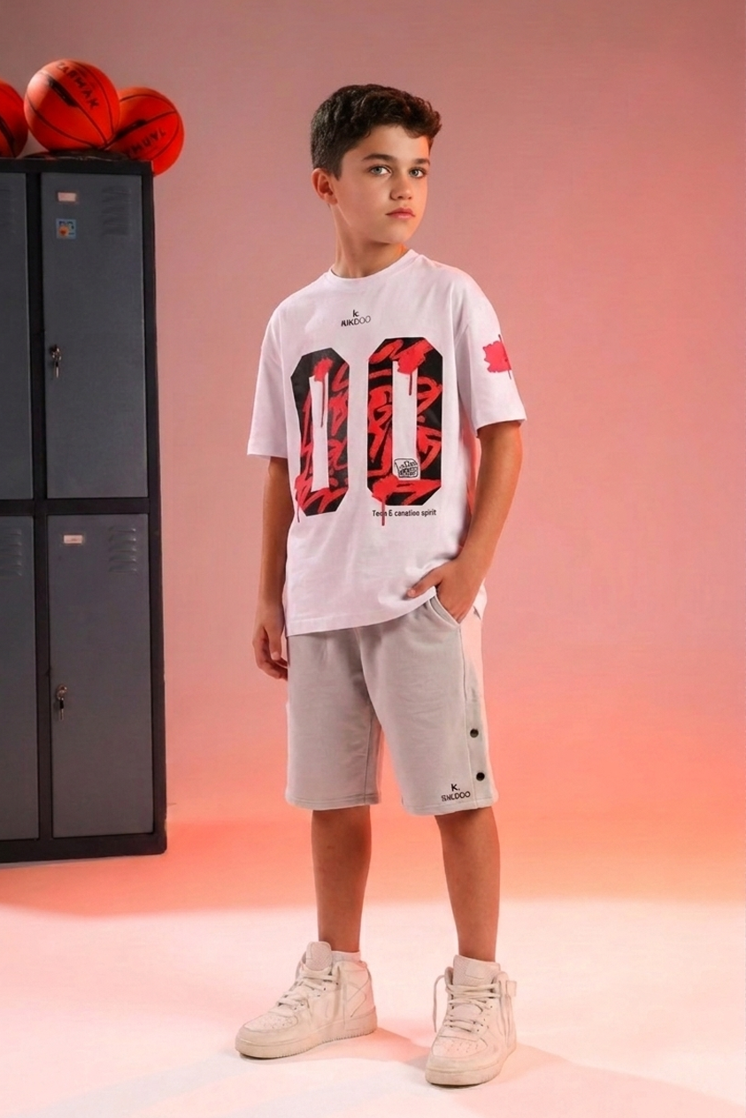 Boys White Graphic T-Shirt & Light Grey Cargo Shorts Set – 00 Edition