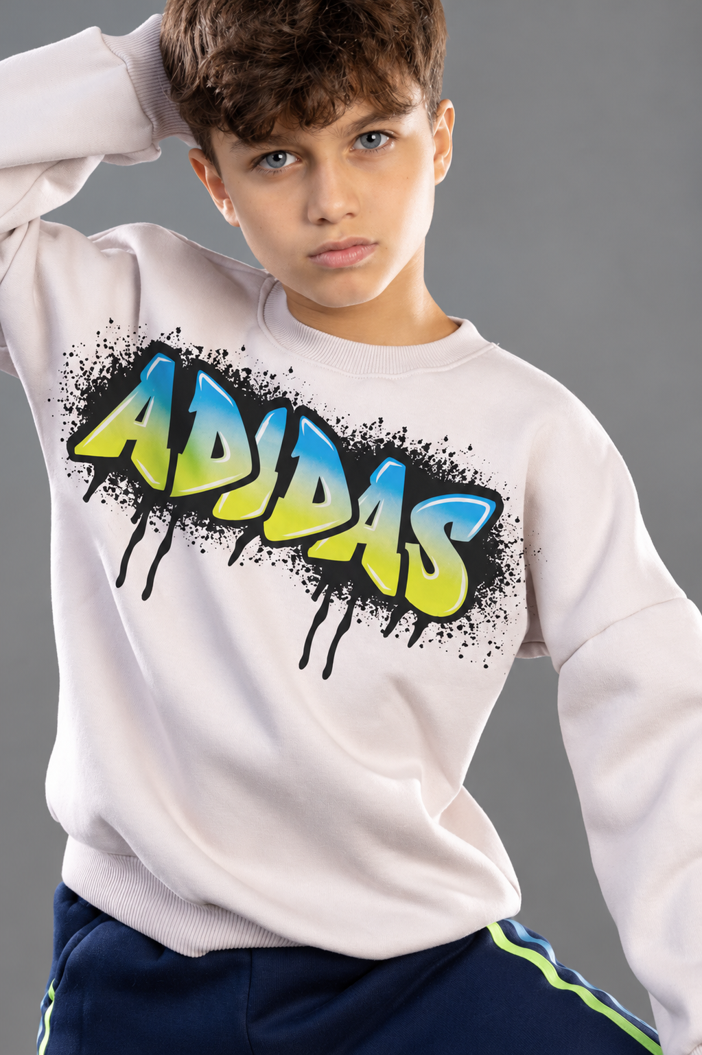 Boys’ Graffiti Print Sweatshirt & Navy Joggers Set – Neon Graphic Sportswear Outfit