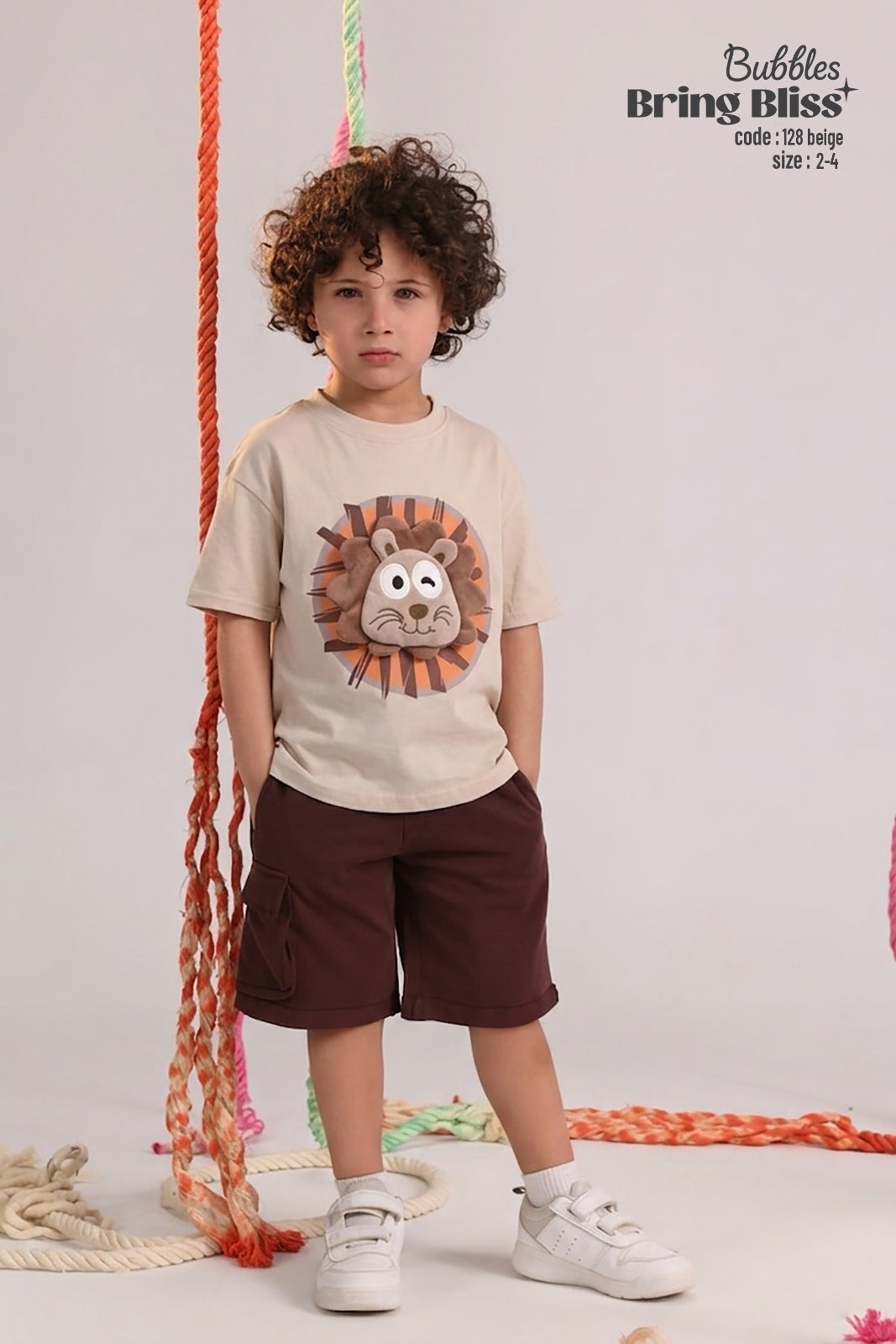 Bubbles Bring Bliss Kids Lion Graphic T-Shirt & Cargo Shorts Set – Beige/Brown | Size 2–4