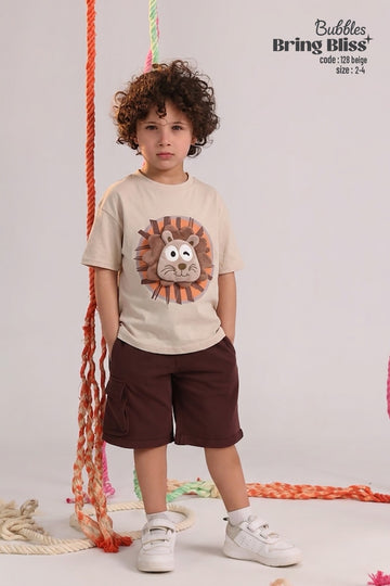 Bubbles Bring Bliss Kids Lion Graphic T-Shirt & Cargo Shorts Set – Beige/Brown | Size 2–4
