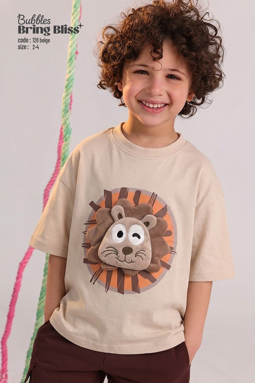 Bubbles Bring Bliss Kids Lion Graphic T-Shirt & Cargo Shorts Set – Beige/Brown | Size 2–4