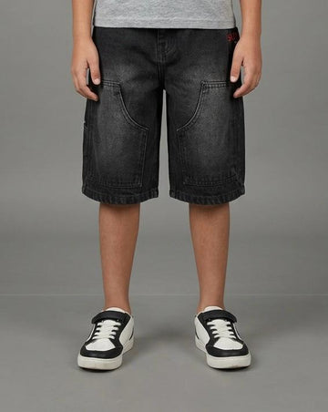 Boys Washed Black Denim Bermuda Shorts – Elastic Waist Knee-Length Summer Shorts
