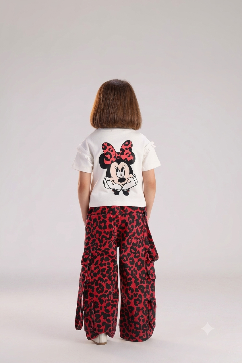 Girls Minnie Mouse Graphic T-Shirt & Red Leopard Print Cargo Pants Set – Kids Fashion Outfit (Sizes 8–14)