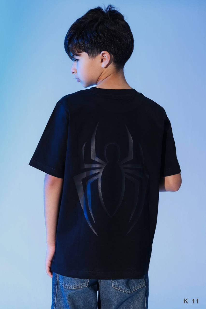 Boys Black Spider Art Graphic T-Shirt – Casual Short Sleeve Cotton Tee