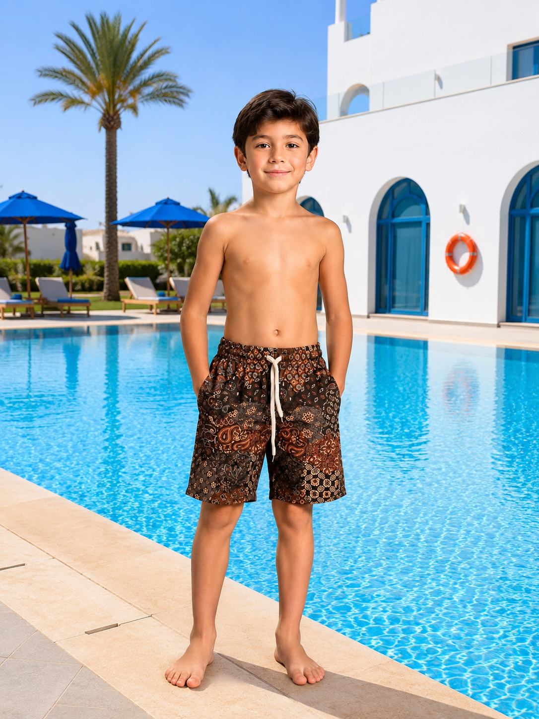 Boys' Paisley Print Swim Shorts – Lightweight Quick-Dry Beach & Pool Trunks with Drawstring Waist
