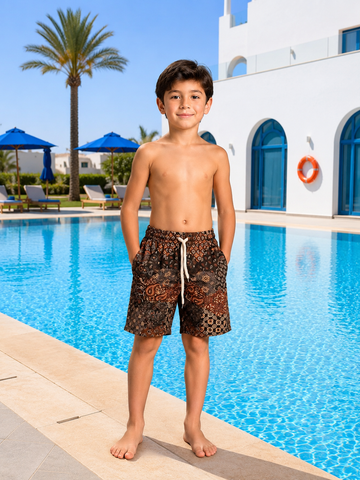 Boys' Paisley Print Swim Shorts – Lightweight Quick-Dry Beach & Pool Trunks with Drawstring Waist