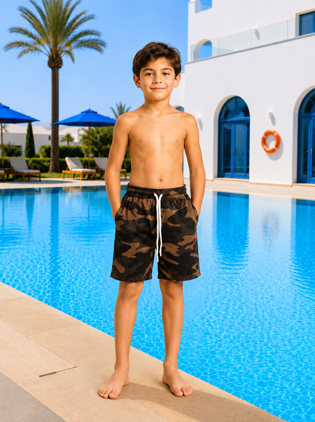 Boys Camouflage Swim Shorts – Quick-Dry Lightweight Beach Shorts in Brown & Black